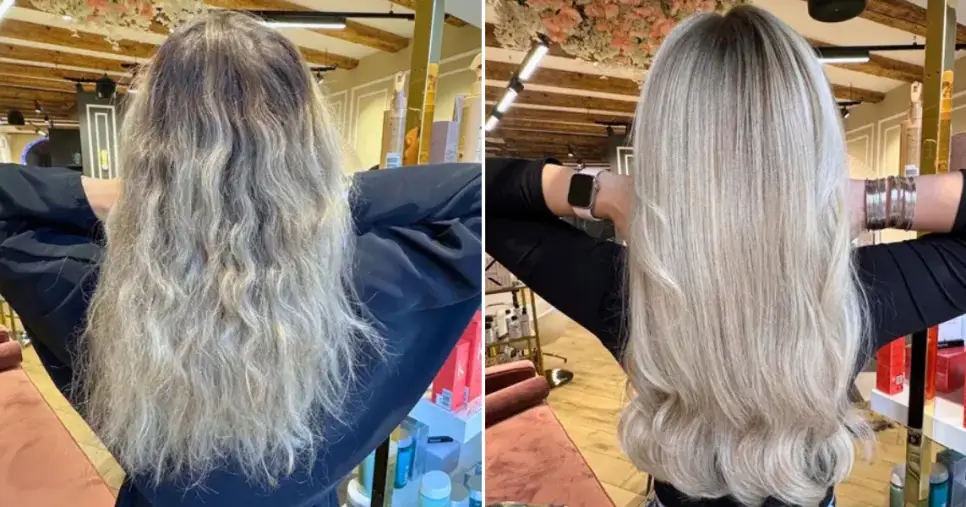 Avant/après soin botox capillaire en salon de coiffure à Barr sur cheveux secs et ternes